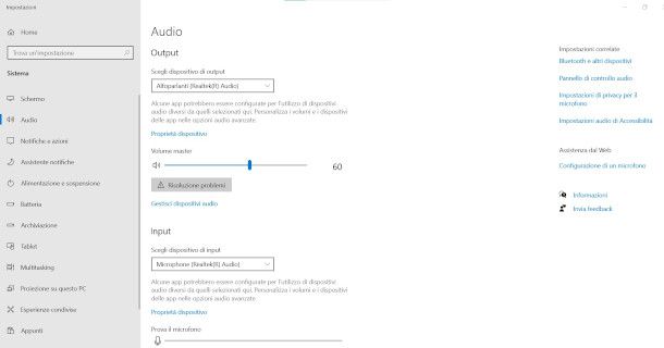 Impostazioni Audio Windows 10
