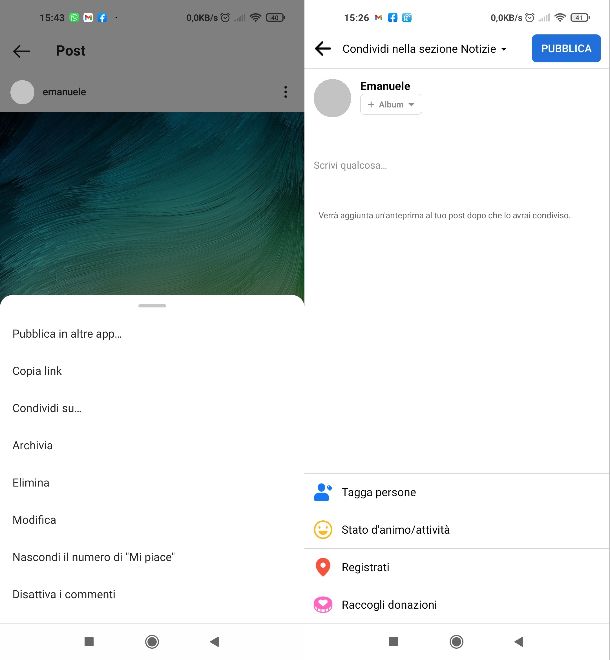 Condivisione post da Instagram a Facebook