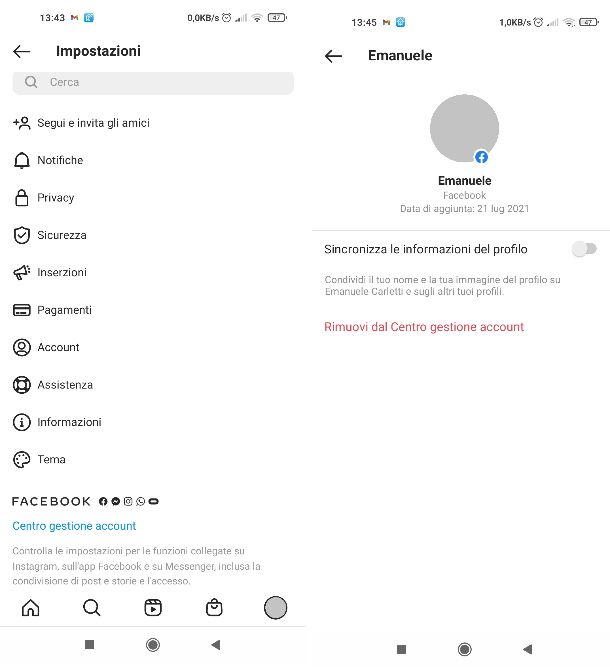 Scollegare Instagram da Facebook app