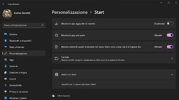 Mostra elementi aperti di recente nel menu Start Windows 11