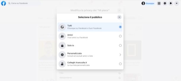 Modificare privacy like su Facebook