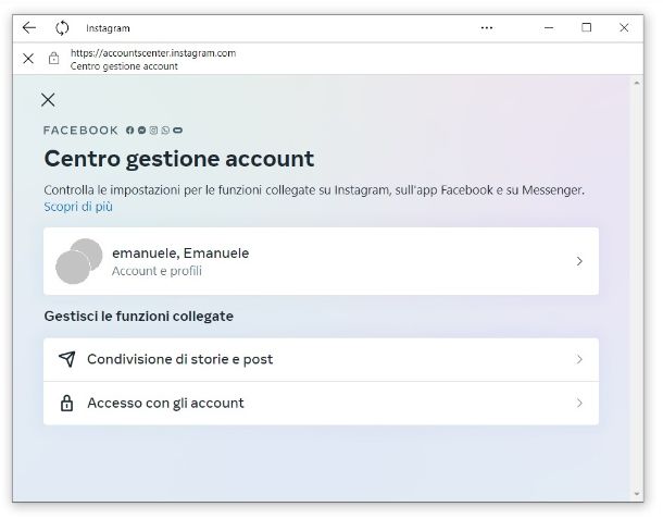 Centro gestione account Facebook computer
