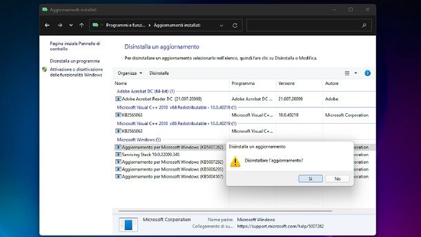 Come disinstallare un aggiornamento su Windows 11 Pannello di controllo