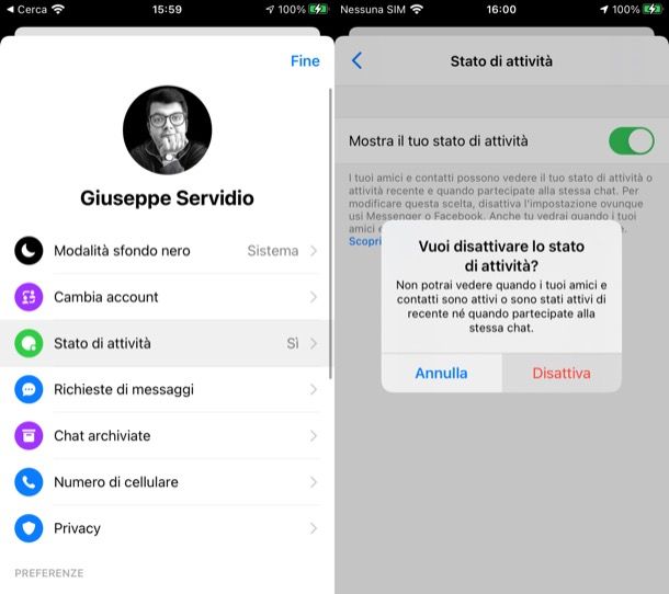 Nascondere stato attività Messenger 