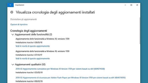 Cronologia aggiornamenti installati Windows 10