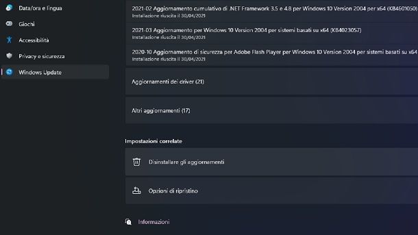 Disinstallare gli aggiornamenti Windows 11