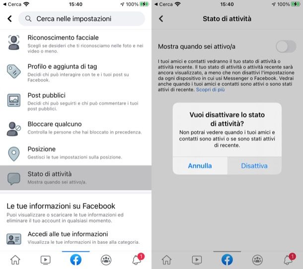 Stato attività Facebook iOS