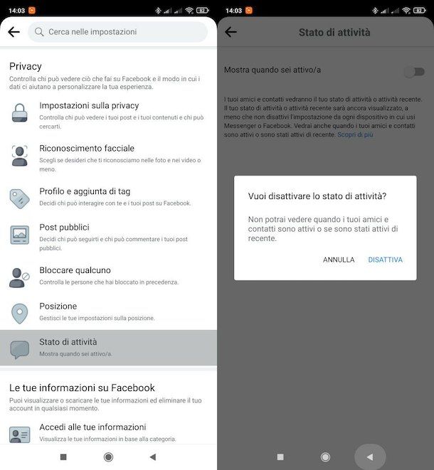 Stato attività Facebook Android