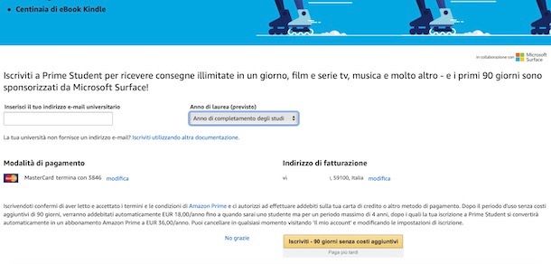 Attivare prova gratuita di Prime Student