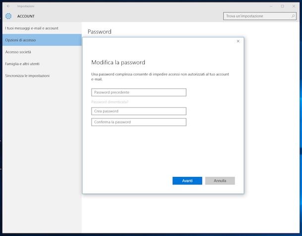 Come cambiare password Windows 10