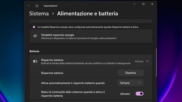 Attivare il risparmio energetico Windows 11