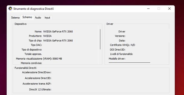 DxDiag Informazioni scheda video Windows