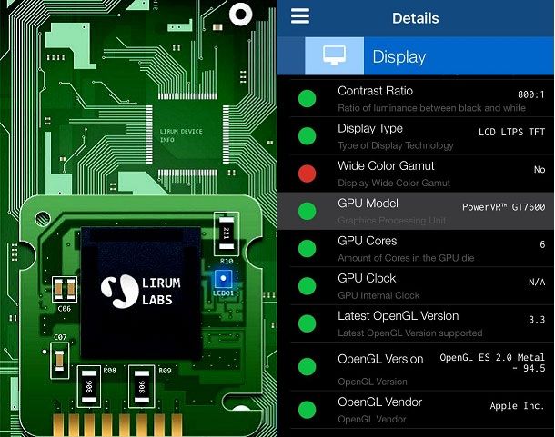 Modello GPU iPhone Lirum Device Info Lite