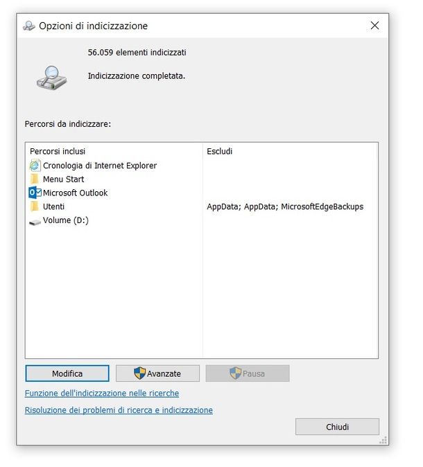 Opzioni indicizzazione Windows