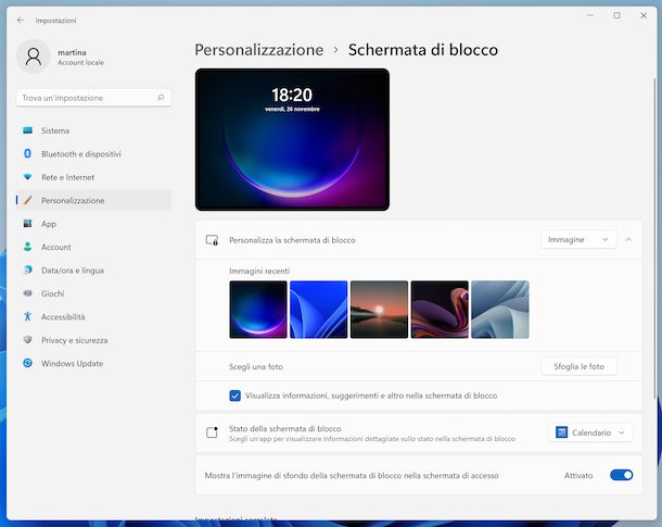 Impostazioni schermata di avvio Windows 11