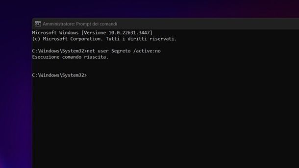 Nascondere utente Segreto Windows 11 Prompt dei comandi