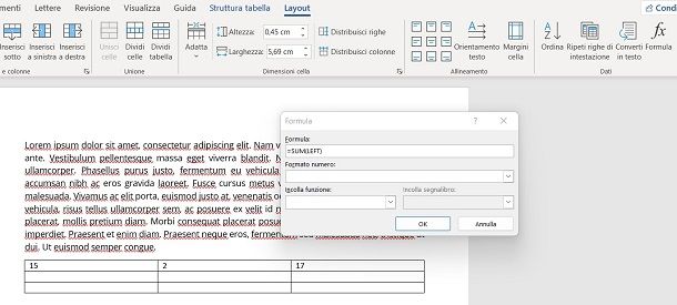 Come fare la somma in tabella Word