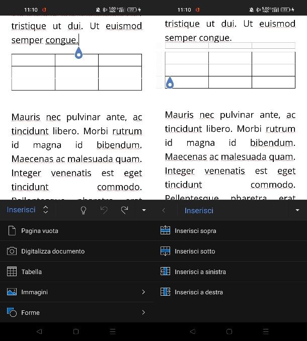 Come creare una tabella sull'app Word per smartphone e tablet