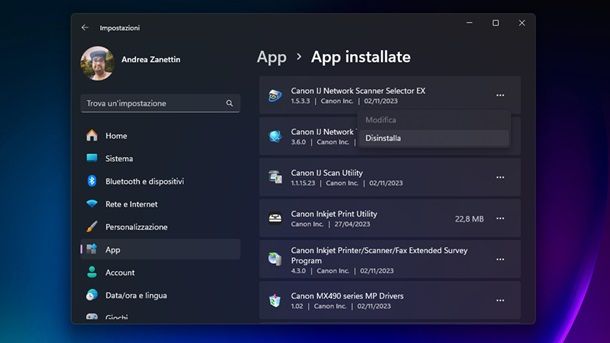 Disinstallare programmi inutilizzati Windows 11