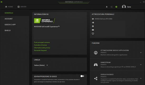 NVIDIA GeForce Experience nome scheda video