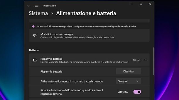 Attivare risparmio energetico Windows 11