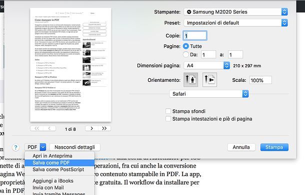 Come copiare una pagina Web in PDF macOS