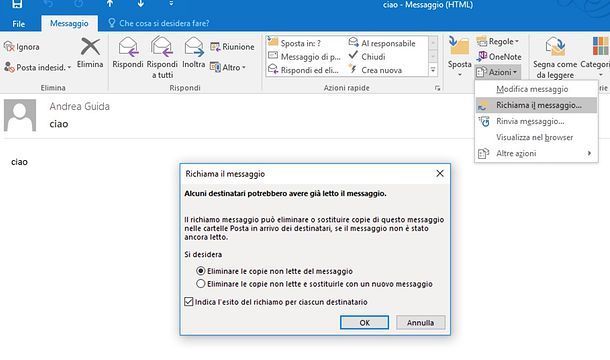 Come richiamare una mail con Outlook