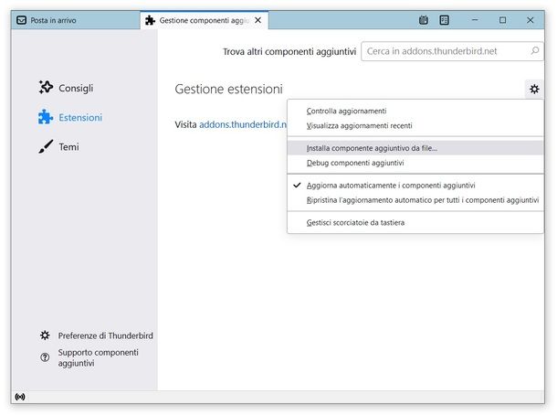 Thunderbird installazione componente aggiuntivo