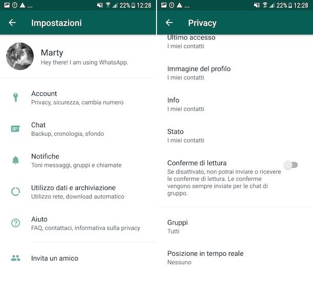 Disattivazione conferme di lettura WhatsApp Android