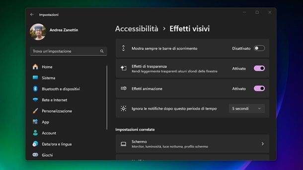 Ridurre effetti grafici Windows 11