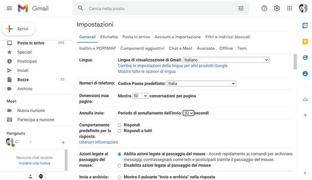 Impostazioni Gmail browser PC