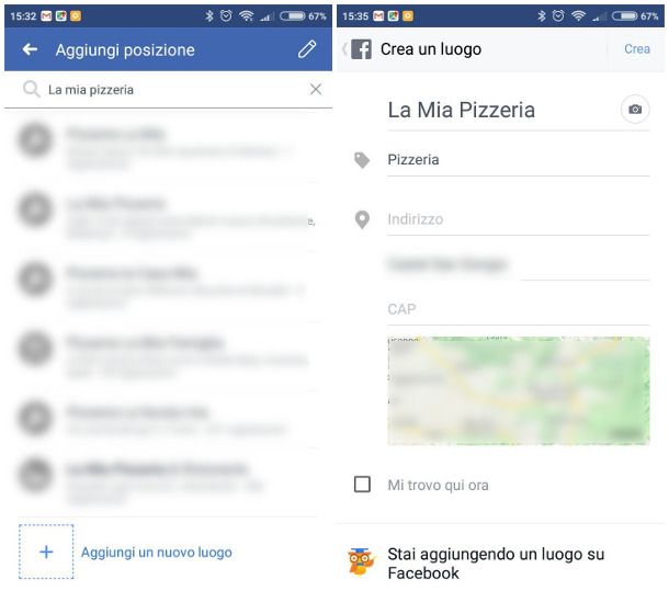 Creare un luogo su Facebook per Android