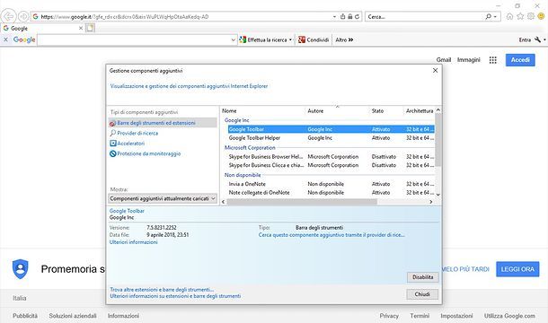 Gestione componenti aggiuntivi Internet Explorer