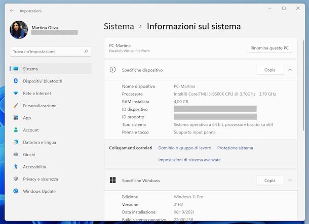 Windows 11 informazioni sistema
