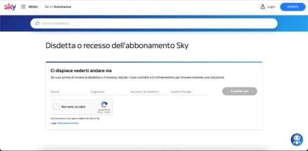 Farsi chiamare da Sky in caso di disdetta