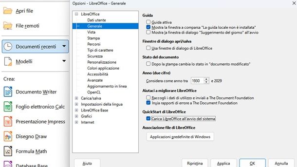Eliminare manualmente le schermate di apertura dei programmi QuickStart LibreOffice