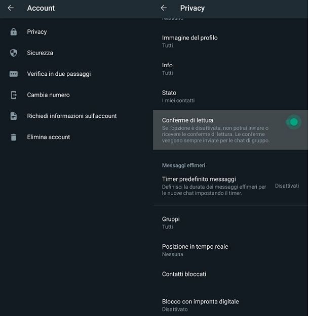 Disattivare conferme di lettura WhatsApp Android