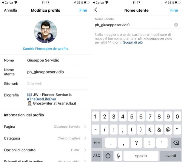 Cambiare nome su Instagram da iPhone