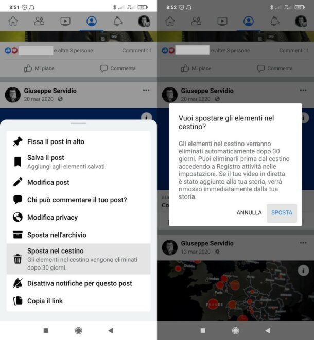 Eliminare post da Facebook su Android