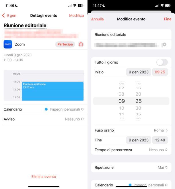 Modificare un evento nel calendario Apple