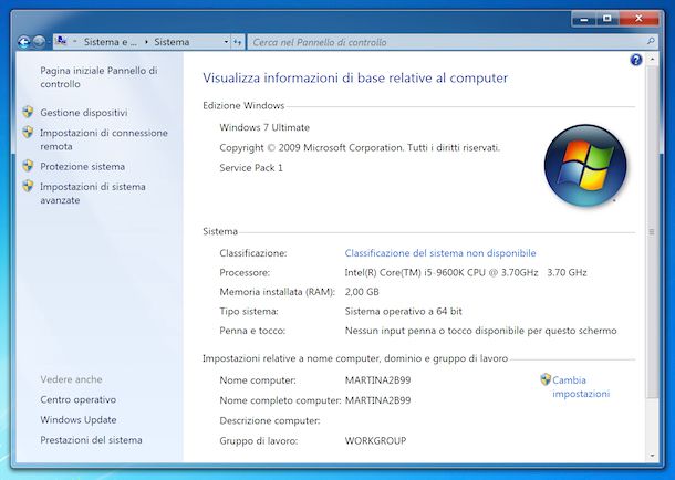 Informazioni sistema Windows 7