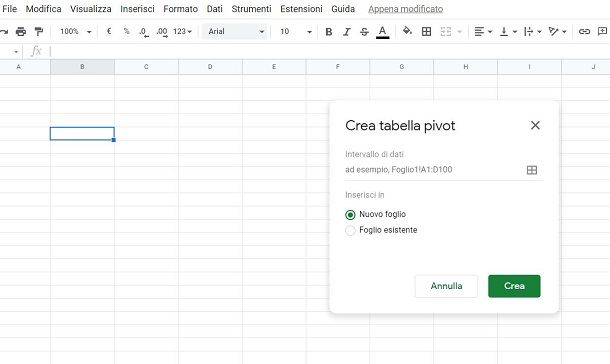 Come creare tabella pivot Google Fogli