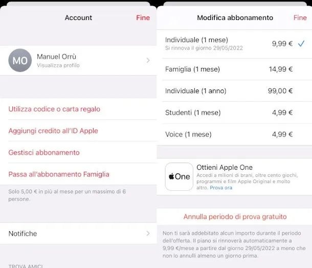 Eliminare abbonamento Apple Music