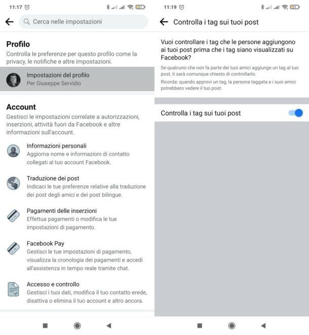 Controllo dei tag Facebook da mobile