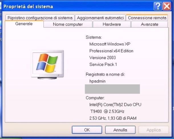 Windows XP informazioni sistema