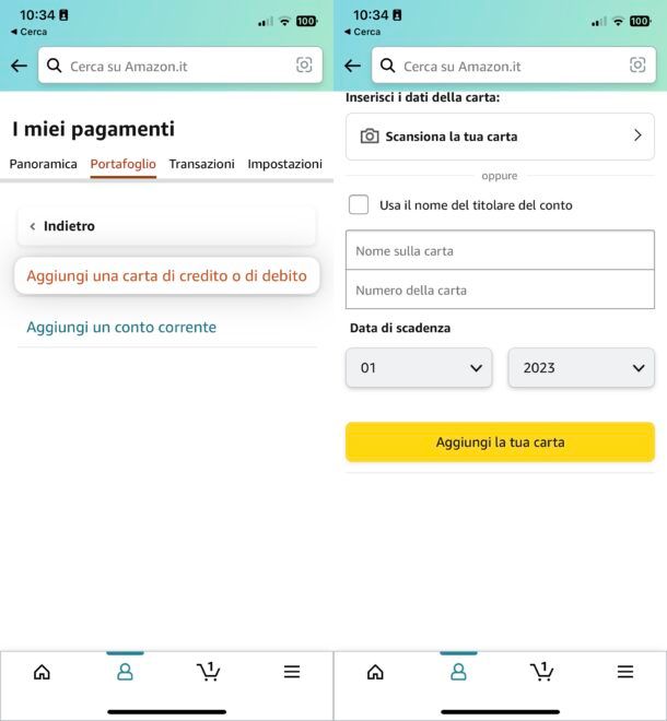Aggiungere Postepay su Amazon mobile