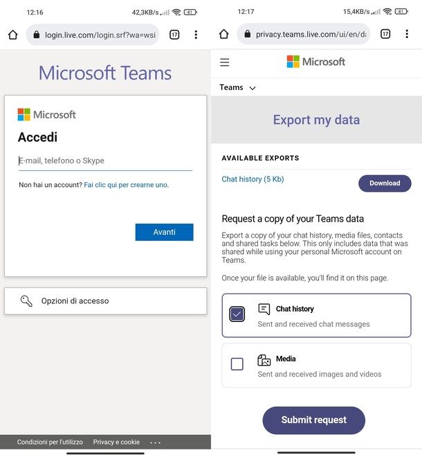 Salvare chat Teams app Android