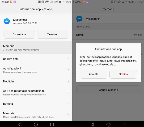 Cancellare dati Messenger Android