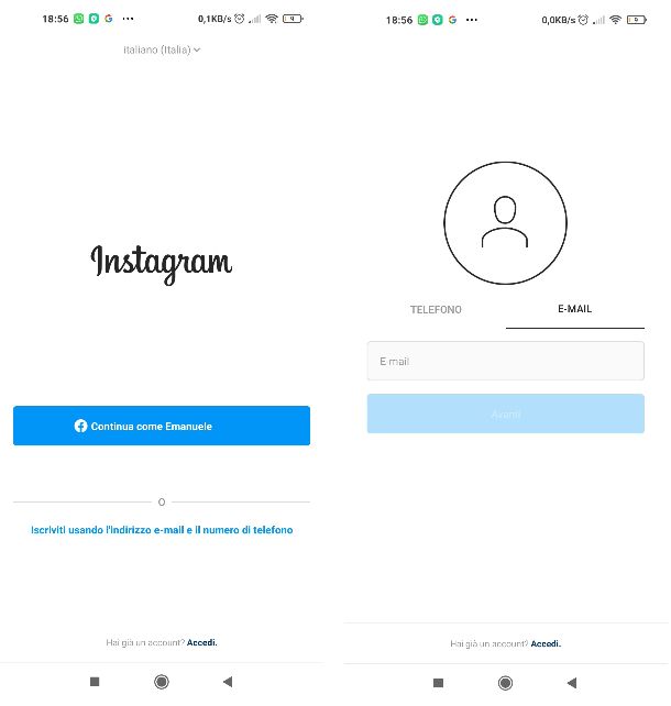 Creare profilo Instagram app