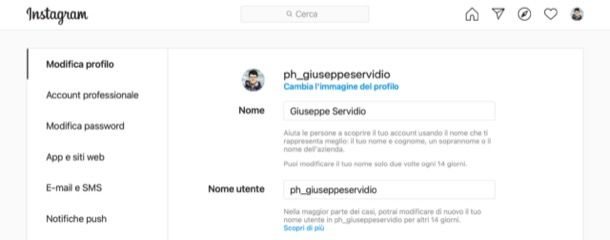 Cambiare nome su Instagram da PC